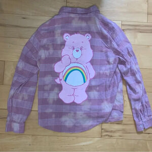 Care Bears Pink Plaid Flannel Button Down Love Sleeve Shirt Womens Size Small